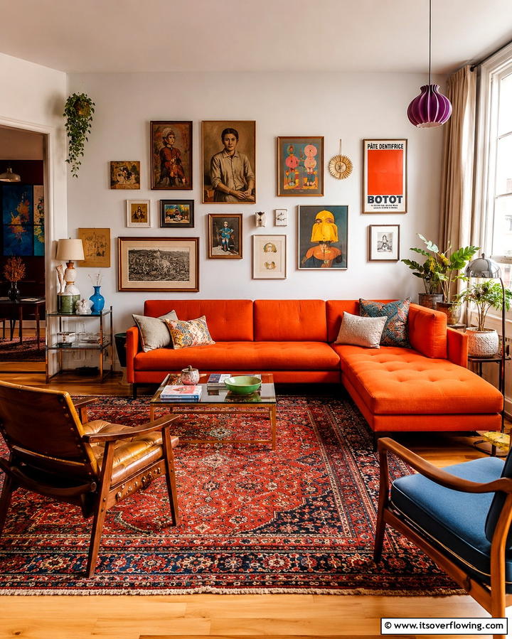 Eclectic Mix with Bold Patterns - 25 Orange Couch Living Room Ideas for a Vibrant Space