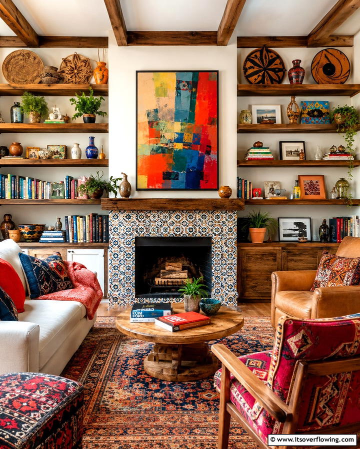 Eclectic Mix with Open Shelves - 30 Fireplace with Bookshelves Ideas for Cozy Literary Nooks