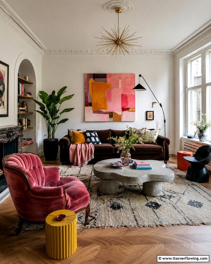 Eclectic Mix with Unique Furniture - 30 Warm Dark Brown Couch Styling Ideas for Cozy Living Rooms