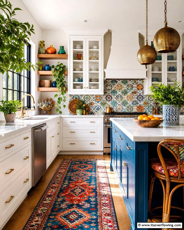 Eclectic Mix with White Cabinets and Teal Blue Island - 25 White Kitchen Cabinets With Blue Island Ideas