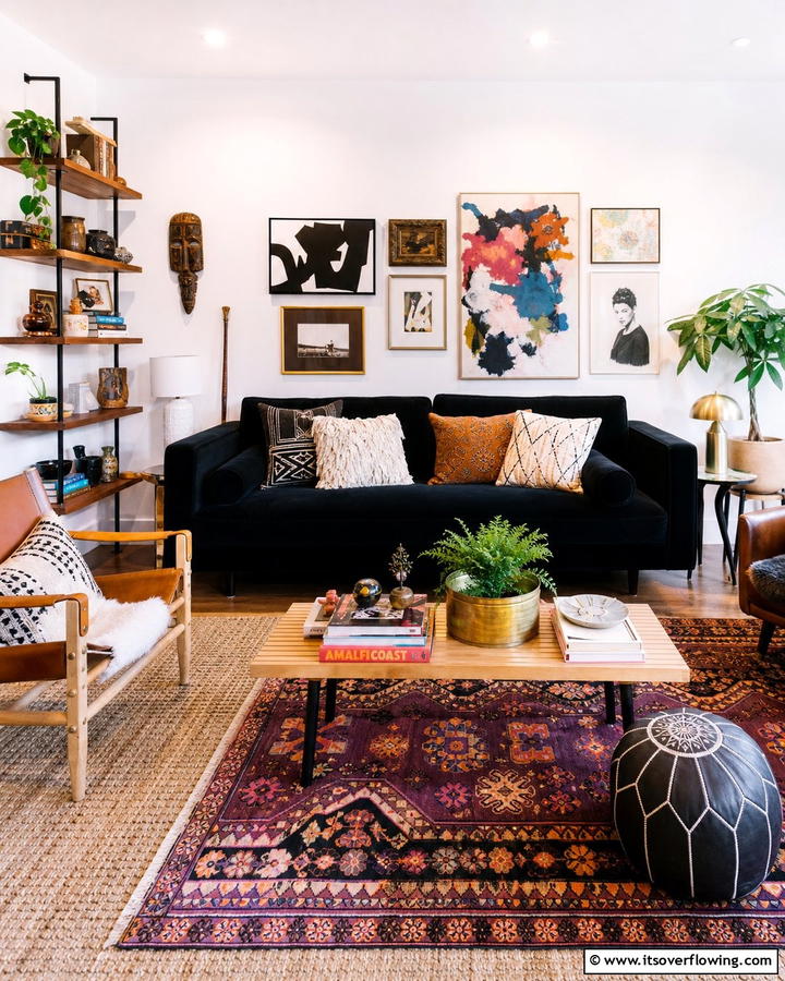 Eclectic Mix - 21 Living Room Ideas With Black Couches- Modern Style