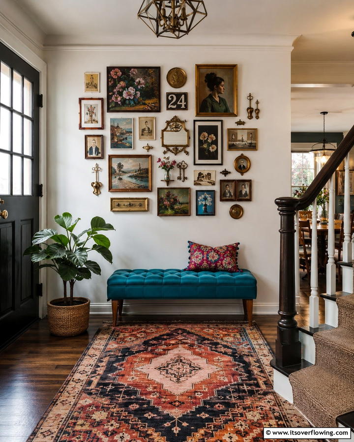 Eclectic Mixed Media Collage - 30 Entryway Wall Ideas for First Impressions and Functional Storage