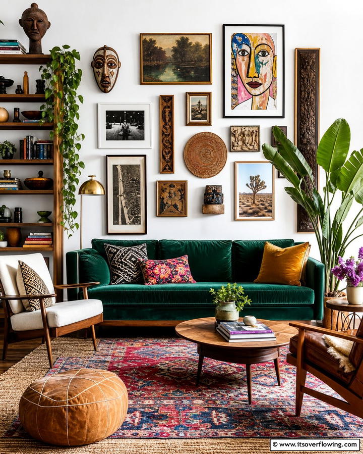Eclectic Mixed Media Display - 30 Living Room Wall Decor Ideas to Elevate Your Space