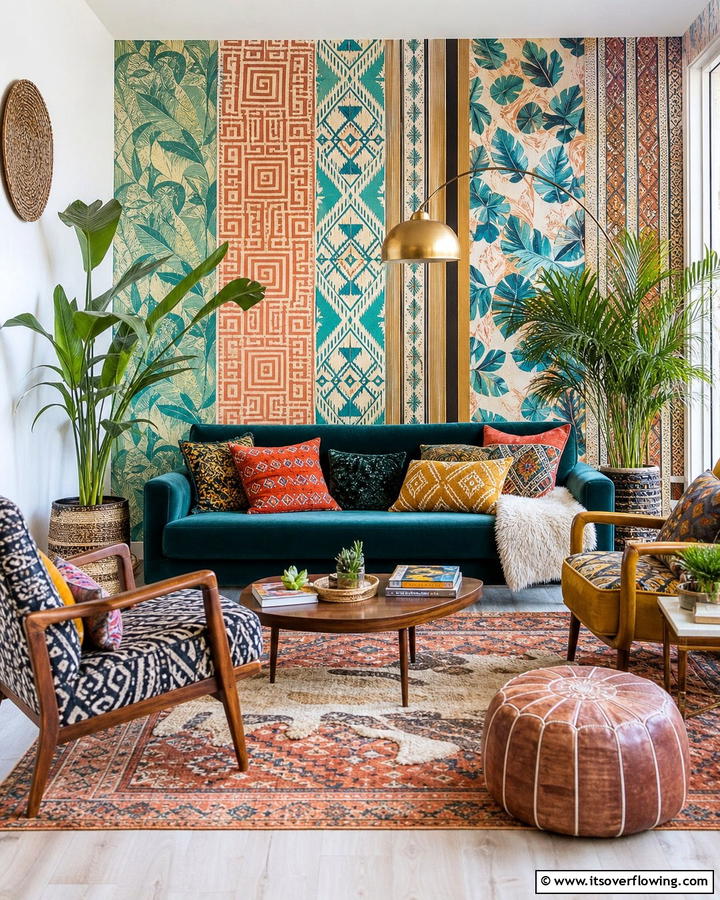 Eclectic Pattern Mix - 21 Living Room Wallpaper Ideas to Refresh Your Decor