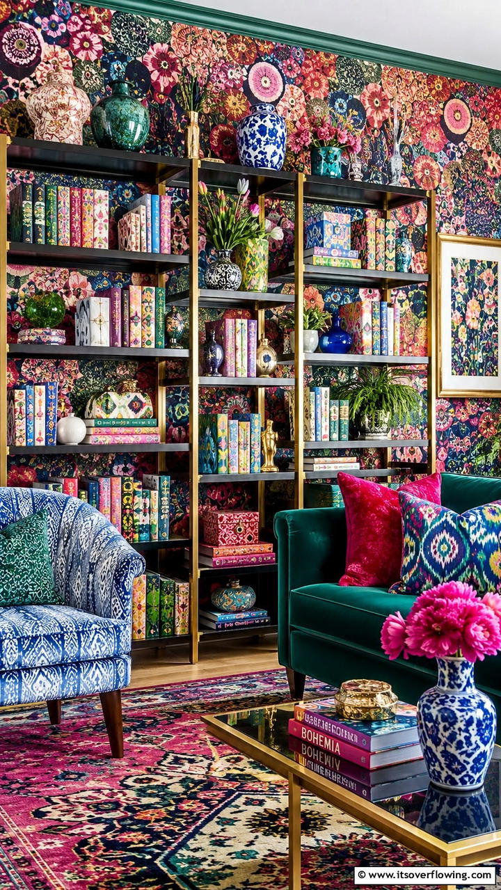 Eclectic Pattern Play - 30 Creative Bookshelf Decor Ideas for Organized Living Spaces