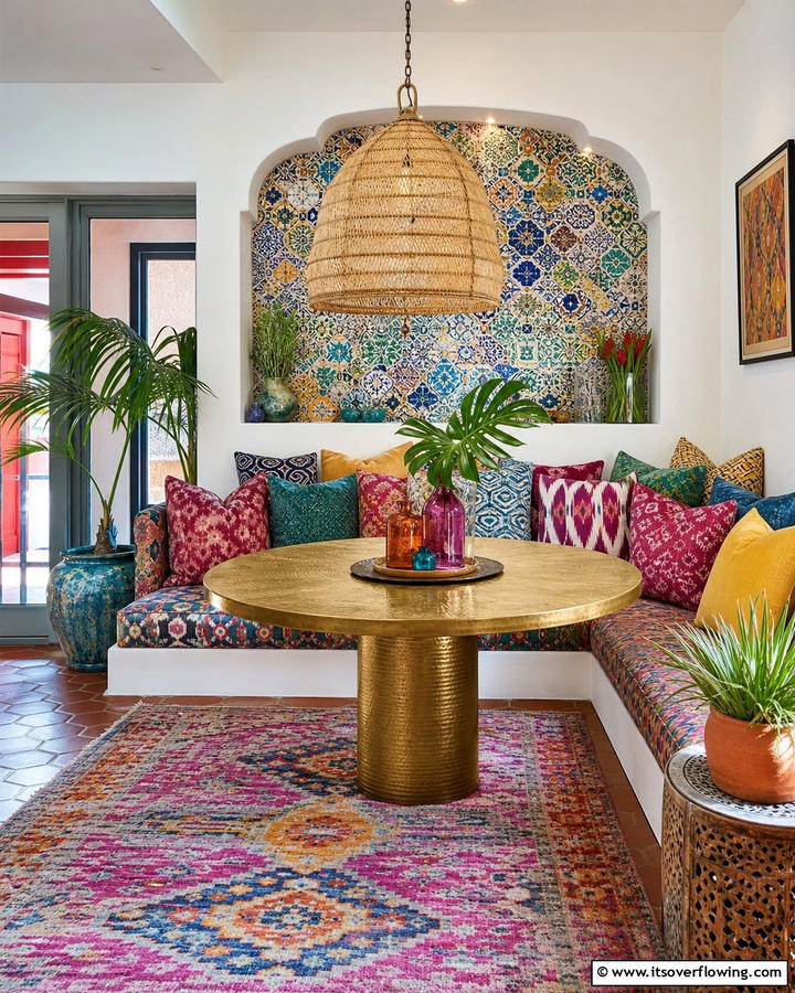 Eclectic Patterned Banquette - 21 Banquette Seating Ideas for Stylish & Functional Dining Spaces