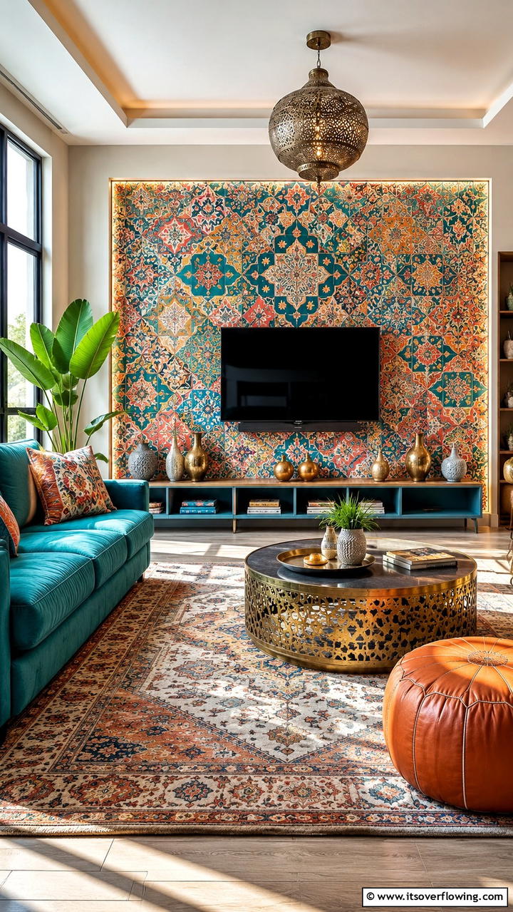Eclectic Patterned TV Wall - 21 Innovative TV Wall Ideas to Maximize Living Room Space