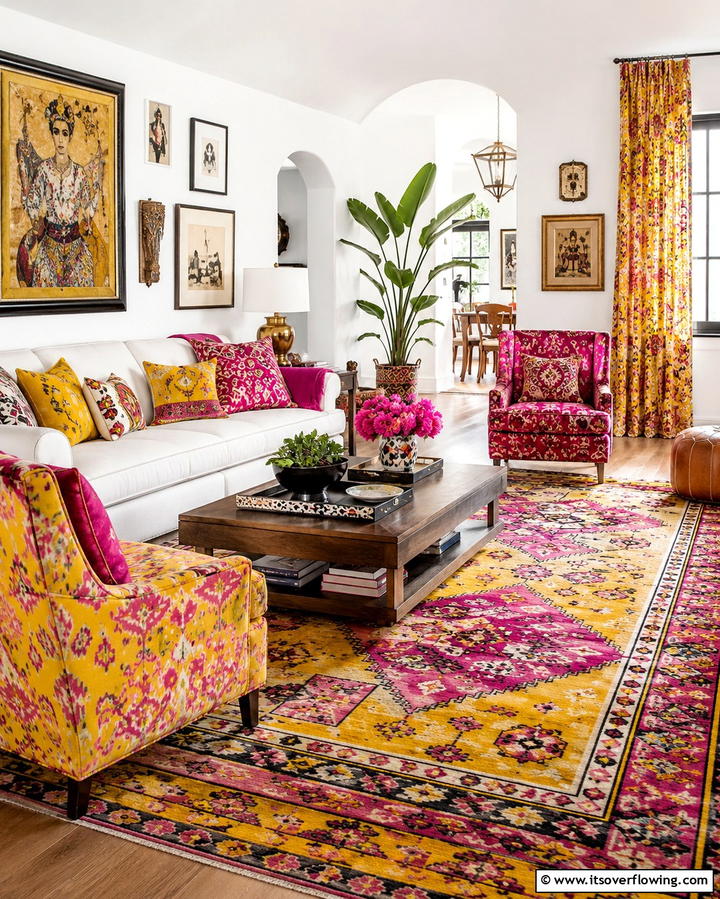 Eclectic Patterned Textiles - 30 Yellow and Pink Decor Ideas- Vibrant Home Accents
