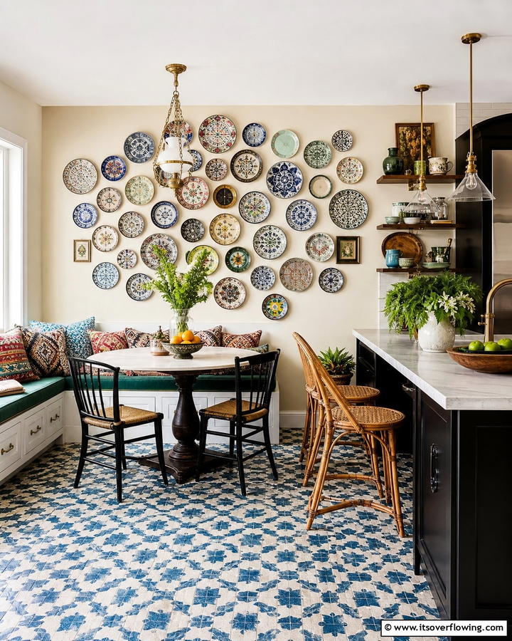 Eclectic Plate Collection Display - 21 Kitchen Wall Decor Ideas for a Personalized Culinary Space