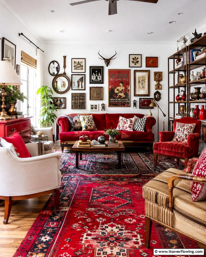 Eclectic Red Mix - 30 Red Living Room Ideas for Bold and Vibrant Spaces