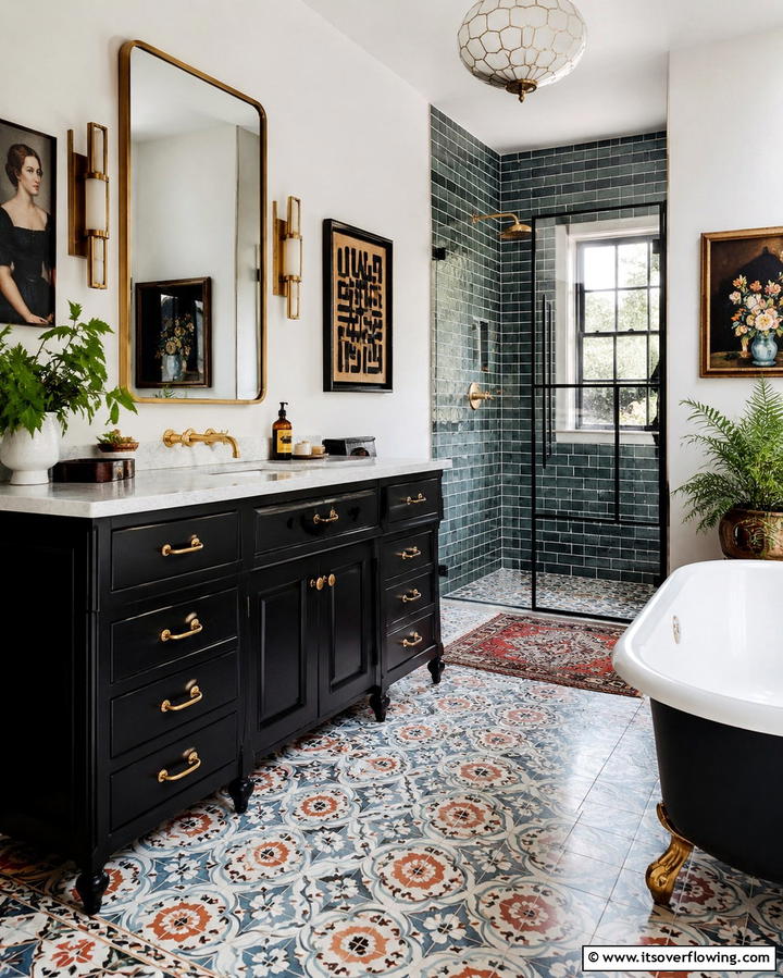Eclectic Style Mix - 30 Black Cabinet Bathroom Ideas for Dramatic Modern Spaces