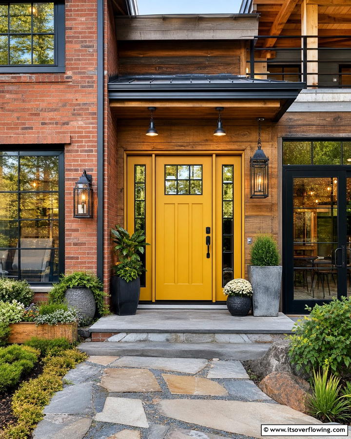 Eclectic Style with Mixed Materials - 20 Mustard Yellow Front Door Ideas for a Bold Entrance