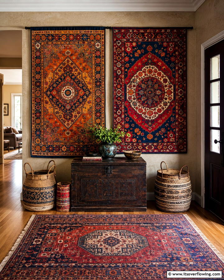 Eclectic Tapestry Display - 30 Entryway Wall Ideas for First Impressions and Functional Storage