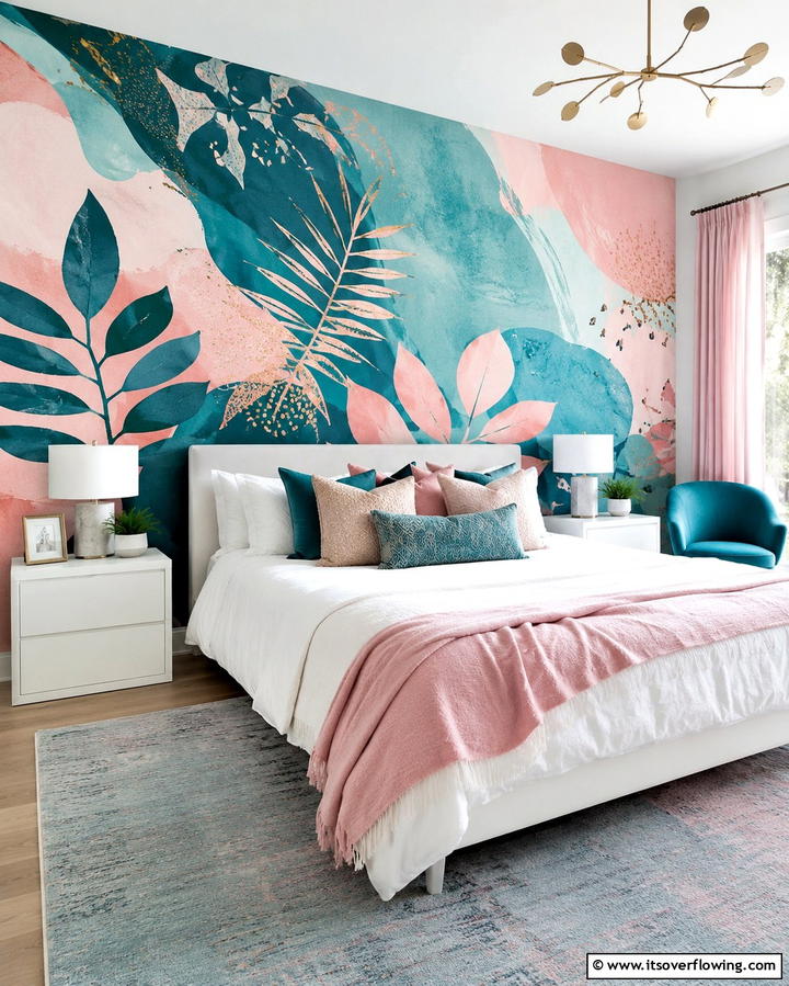 Eclectic Teal and Pink Wall Mural - 30 Teal and Pink Bedroom Ideas for Bold Modern Design