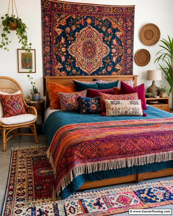 Eclectic Throw Pillows - 25 Colorful Boho Bedroom Ideas for a Cozy Retreat