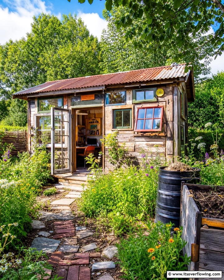 Eco Cabin with Recycled Materials - 20 Garden Office Ideas for a Productive Outdoor Workspace