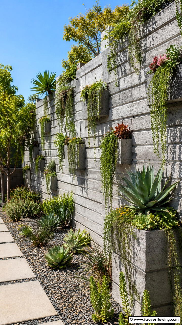 Eco Concrete Fence with Greenery - 30 Cheap Privacy Fence Ideas- Affordable Outdoor Seclusion