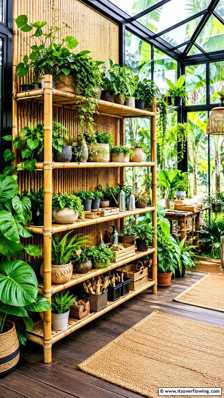 Eco Friendly Bamboo Shelving - 30 Greenhouse Shelving Ideas- Organized Plant Storage