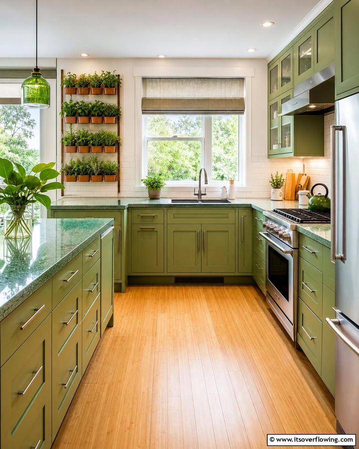 Eco Friendly Basil Green Cabinets - 21 Green Kitchen Cabinet Ideas for a Vibrant Culinary Space