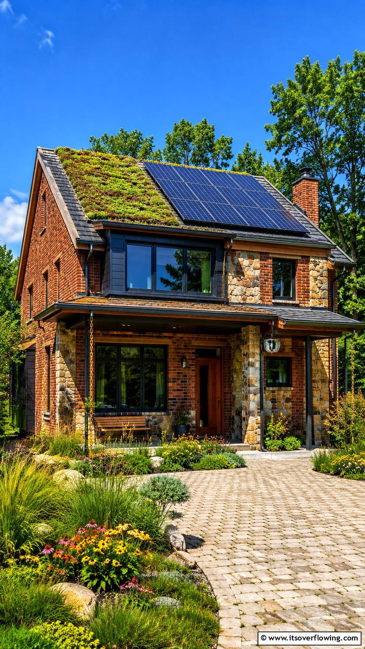 Eco Friendly Brick Home with Sustainable Stone Accents - 30 Brick Houses With Stone Accents- Exterior Design Inspiration