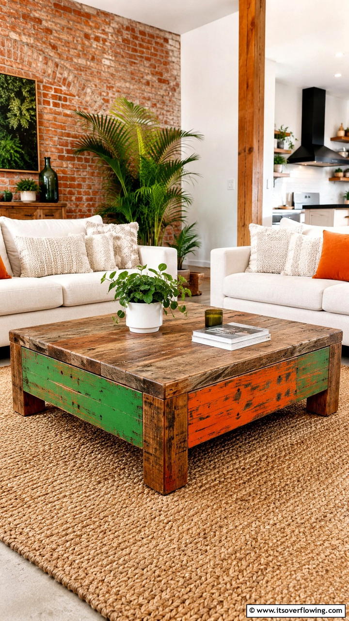 Eco Friendly Green and Orange Reclaimed Wood Coffee Table - 30 Green and Orange Living Room Ideas for Bold Style