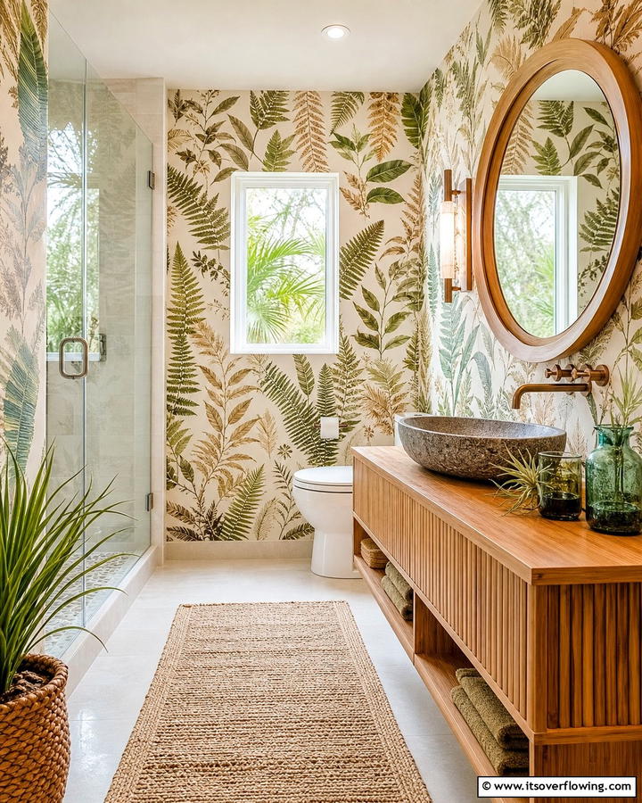 Eco Friendly Natural Prints - 21 Bathroom Wallpaper Ideas to Add Bold Patterns or Subtle Texture