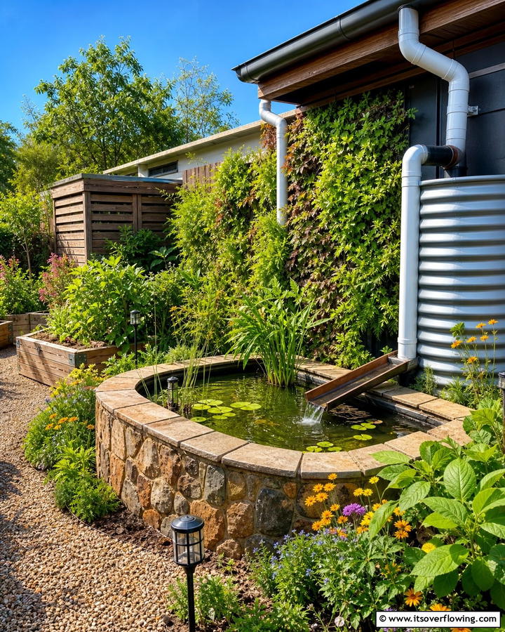 Eco Friendly Raised Pond with Rainwater Collection - 20 Raised Garden Pond Ideas for a Tranquil Backyard