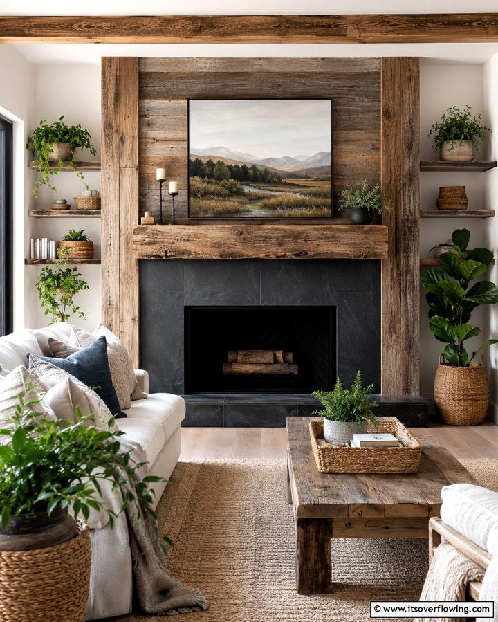Eco Friendly Reclaimed Wood - 30 Bold Black Fireplace Ideas to Elevate Your Living Room