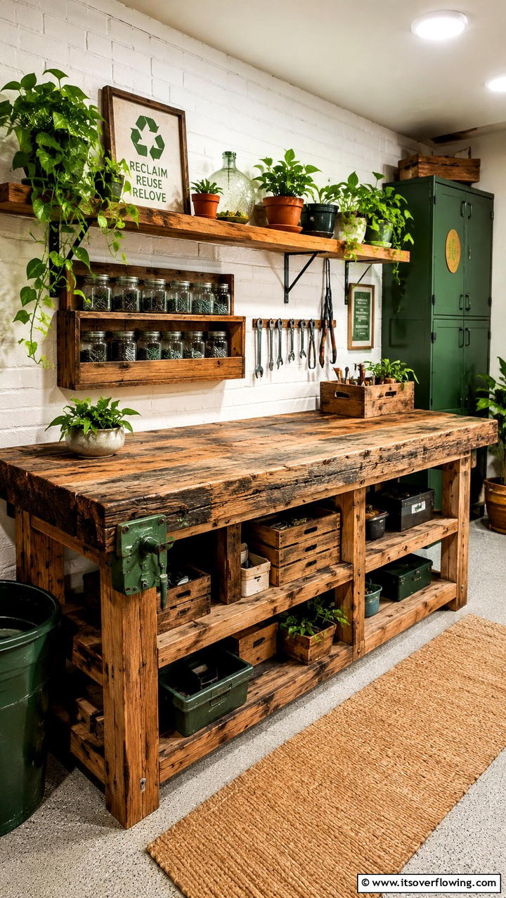 Eco Friendly Reclaimed Wood Workbench - 30 Garage Workbench Ideas for Organized DIY Spaces
