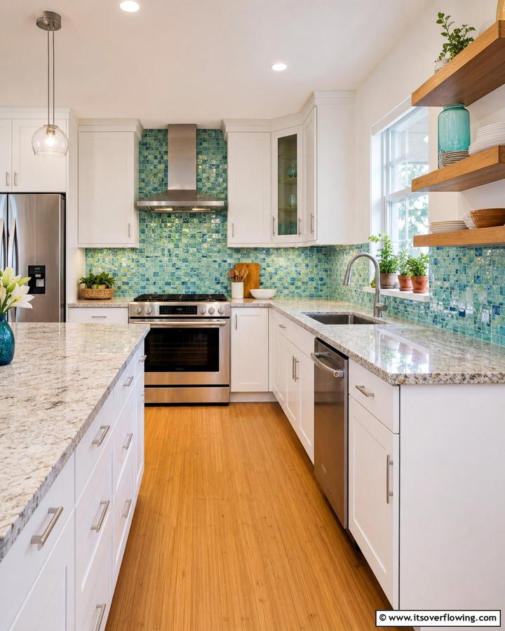 Eco Friendly Recycled Glass - 21 Backsplash Ideas for White Cabinets and Granite Counters