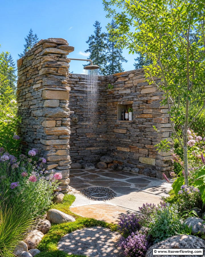 Eco Friendly Stone Sanctuary - 21 Outdoor Shower Designs for Poolside Luxury & Functionality