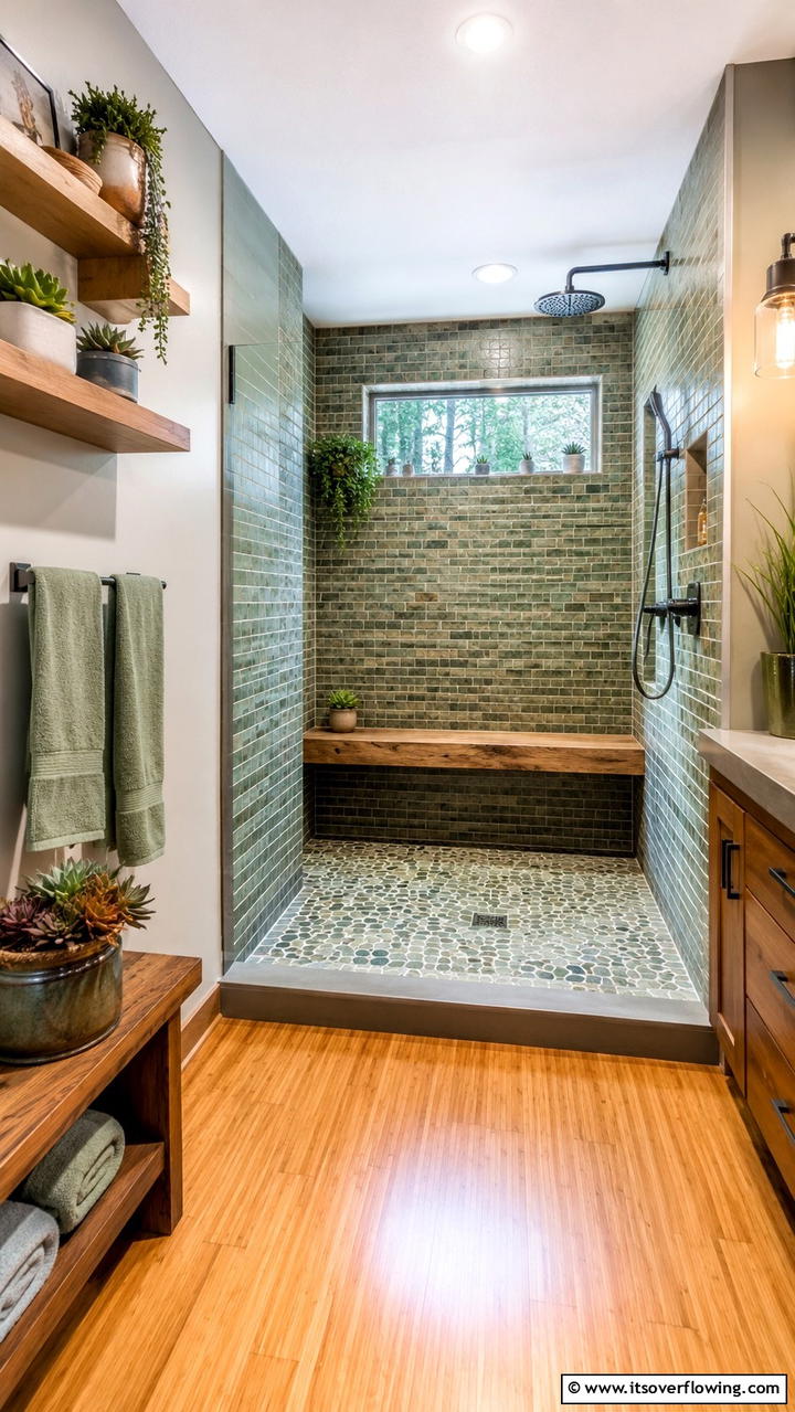 Eco Friendly Walk In Shower with Reclaimed Wood Bench - 21 Walk-In Shower Ideas With Bench for Spa-Like Comfort