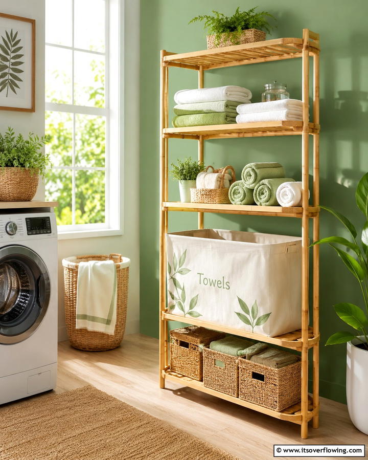 Eco friendly Bamboo Laundry Shelves - 30 Laundry Room Shelf Ideas- Maximize Storage & Efficiency