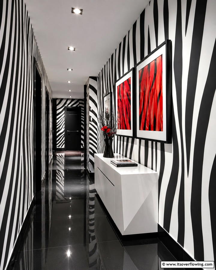 Edgy Black and White Contrast for a Bold Statement - 30 Hallway Wallpaper Ideas for a Striking Entryway
