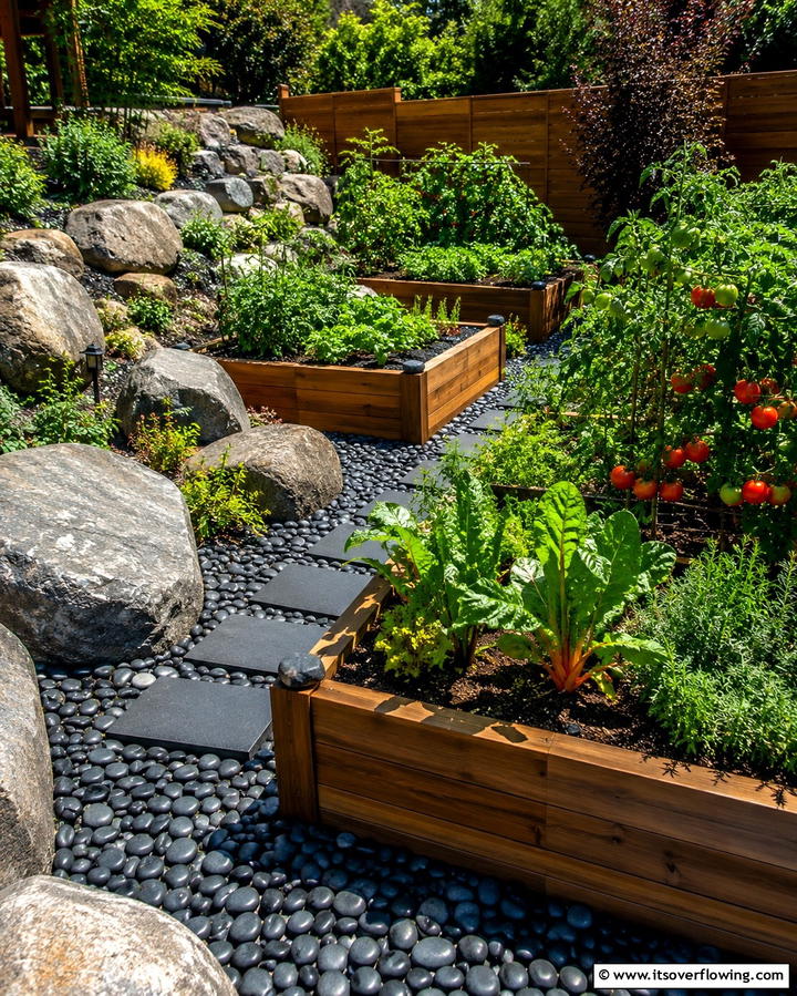 Edible Garden with Rock Features - 30 Natural Black River Rock Landscaping Ideas for Texture