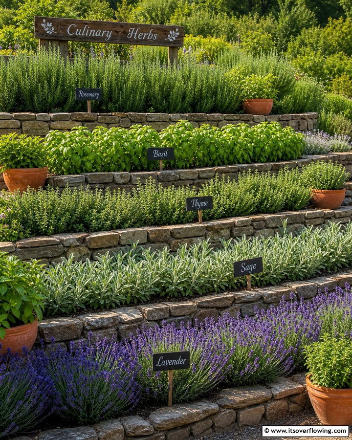 Edible Herb Tiers for Culinary Use - 20 Hillside Terraced Garden Ideas for a Stunning Landscape