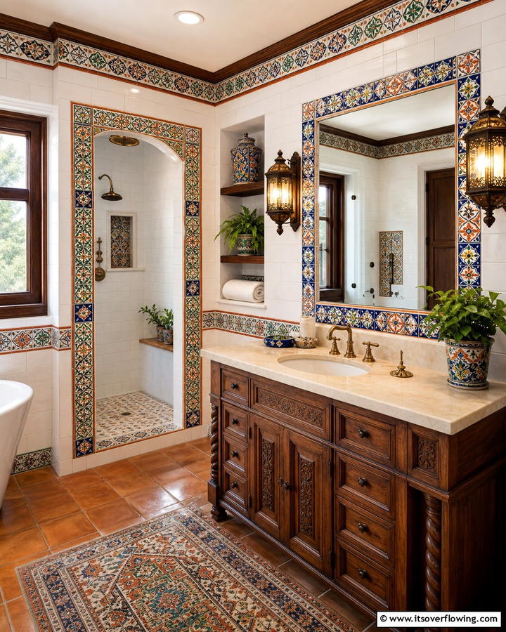 Elaborate Tile Borders - 30 Spanish Style Bathroom Ideas for Mediterranean Flair