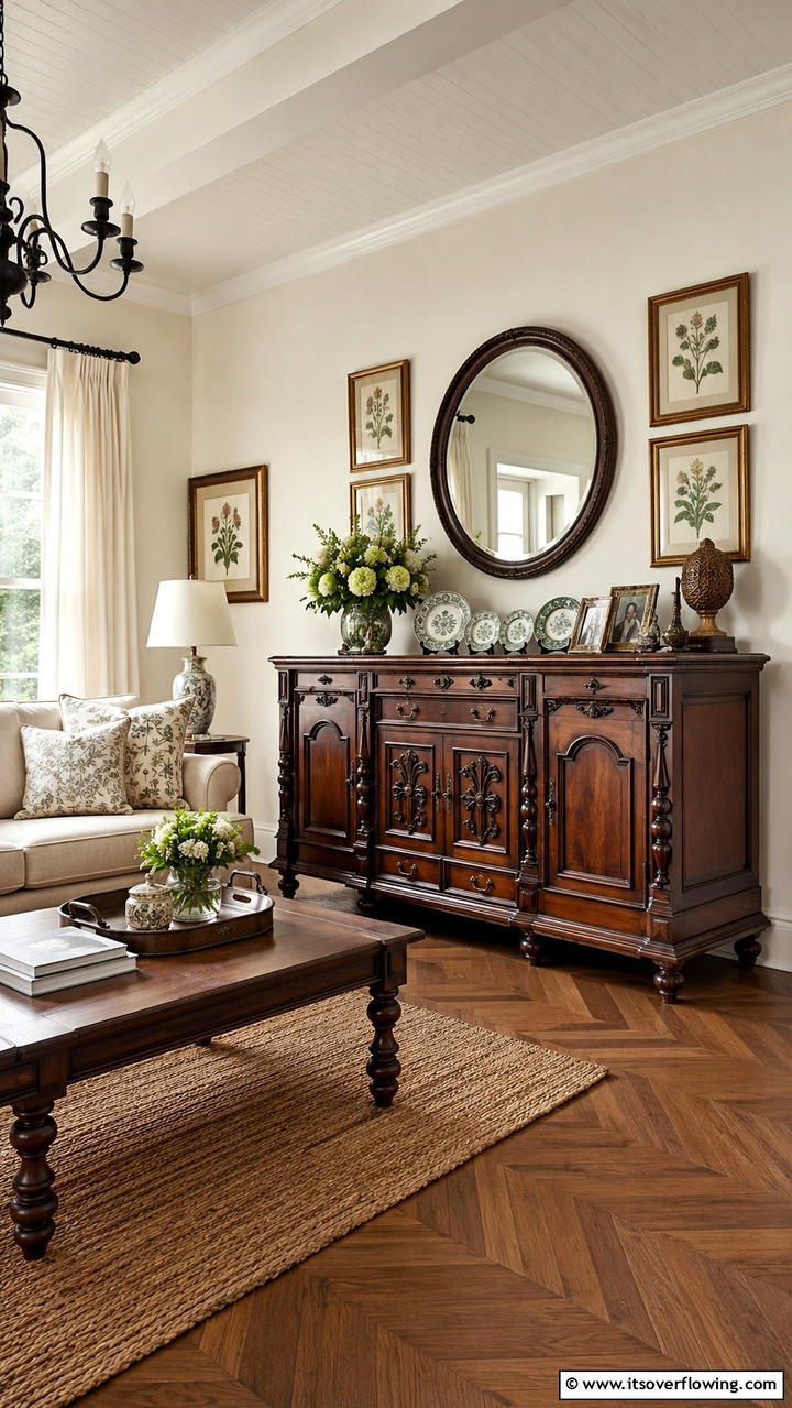 Elegant Antique Sideboard - 30 Cottage Living Room Ideas for Cozy Home Spaces