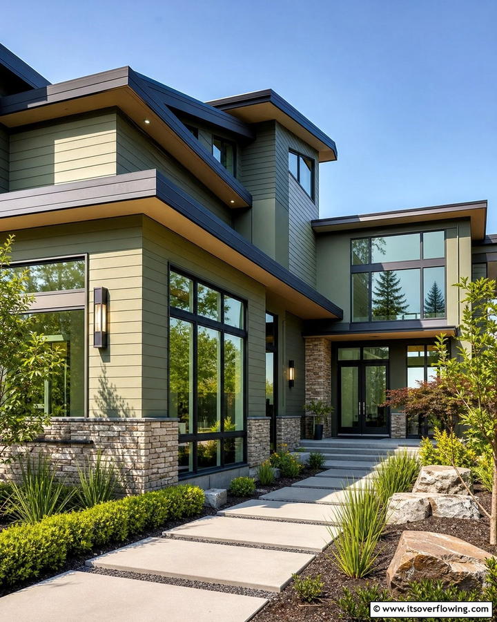 Elegant Architectural Sage Lines - 21 Sage Green Exterior Home Designs for Curb Appeal Refresh