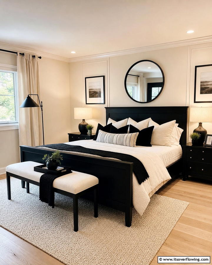 Elegant Balance of Warmth and Contrast - 21 Cream & Black Bedroom Ideas- Sophisticated Contrast