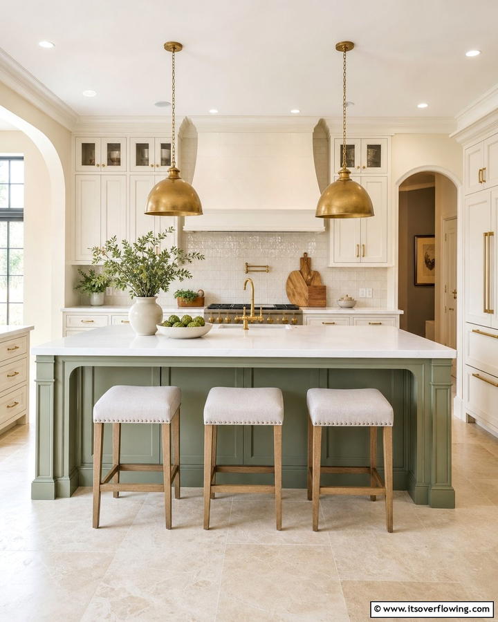Elegant Balance with Cream Walls - 20 Sage Green Kitchen Island Ideas for a Fresh Look