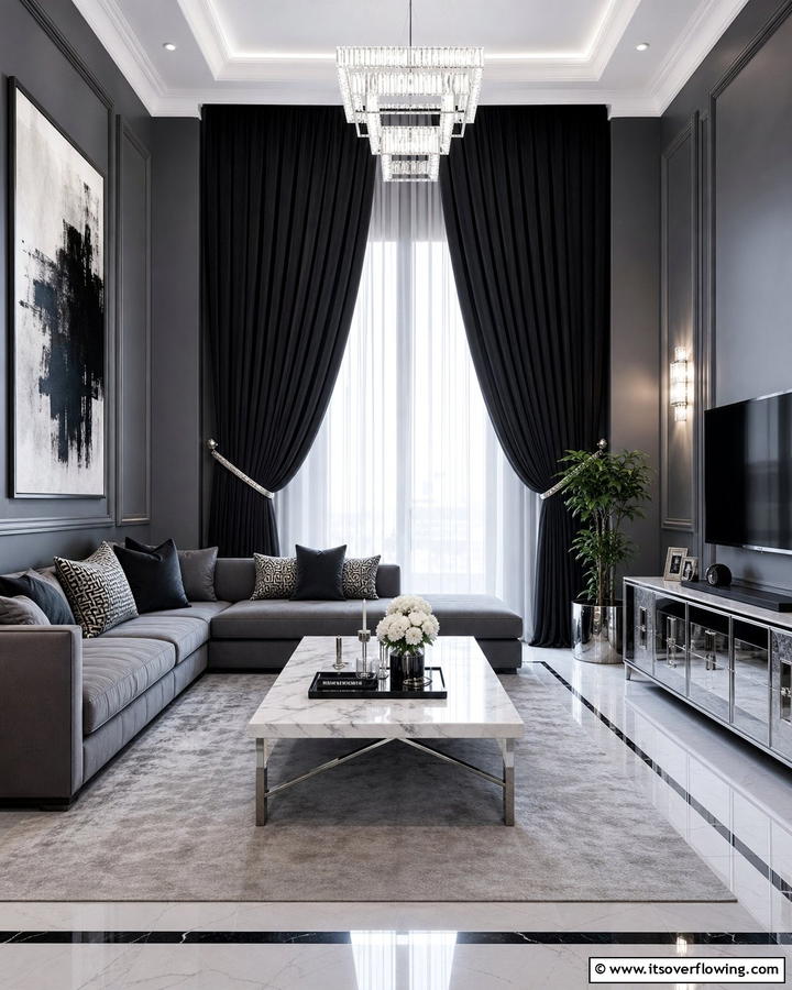 Elegant Black Contrast - 30 Curtain Color Ideas Perfectly Paired With Gray Walls
