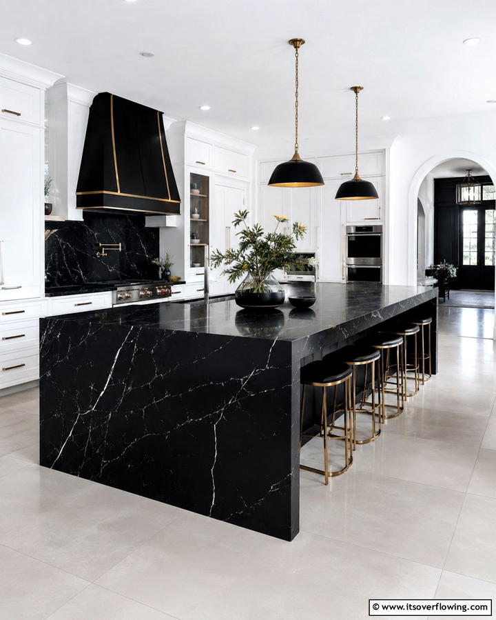 Elegant Black Countertops - 30 Luxe Black, White, and Gold Kitchen Ideas for Elegant Spaces
