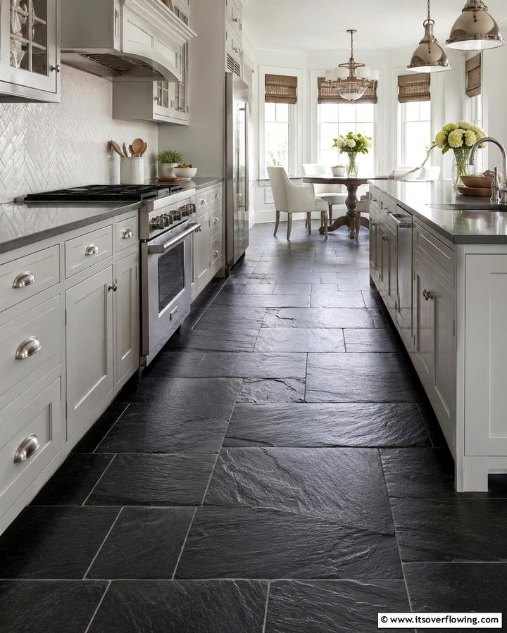 Elegant Black Slate Sophistication - 30 Sleek Black Floor Kitchen Ideas for Contemporary Designs
