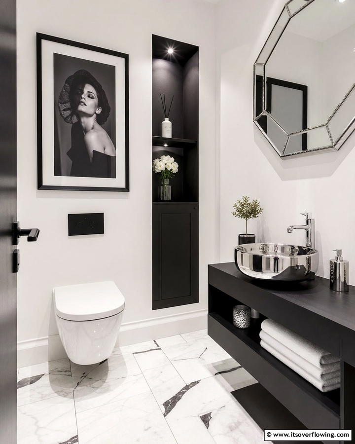 Elegant Black and White Powder Room - 21 Powder Room Designs for Stylish Small Bathroom Spaces