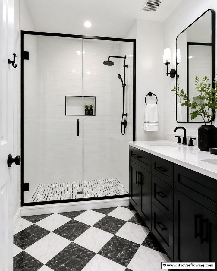 Elegant Black and White Shower - 30 Space-Efficient Corner Shower Ideas for Modern Bathrooms