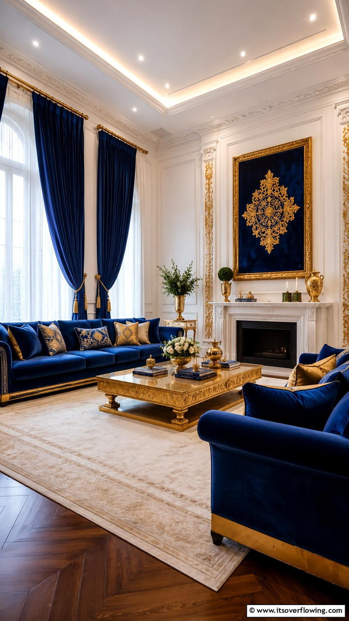 Elegant Blue and Gold Accents - 30 Stunning Blue and Gold Living Room Ideas for Elegant Spaces