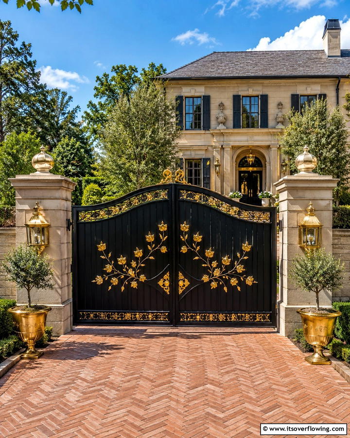 Elegant Brass Accents Gate - 30 Inviting Front Gate Designs for Home Entrances