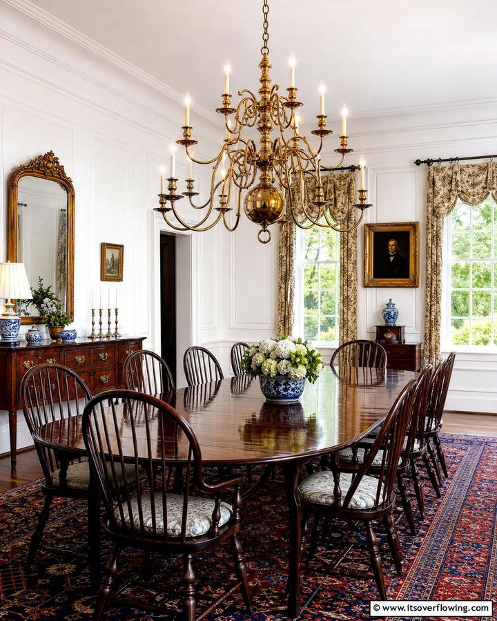 Elegant Brass Chandeliers - 25 Colonial Dining Room Ideas for Timeless Style