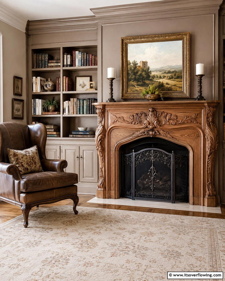 Elegant Carved Details - 30 French Country Fireplace Ideas- Rustic Charm